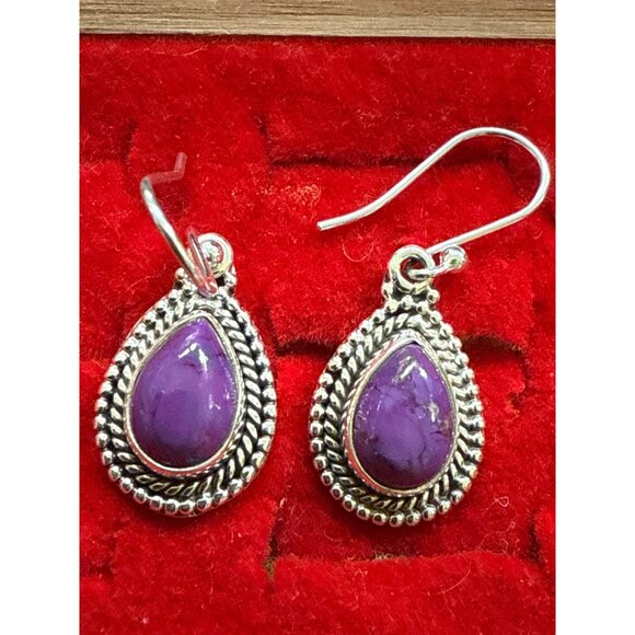 Purple Mojave Teardrop Earrings With Sterling Silver Rope Detail & Hook Backs - Picture 1 of 4